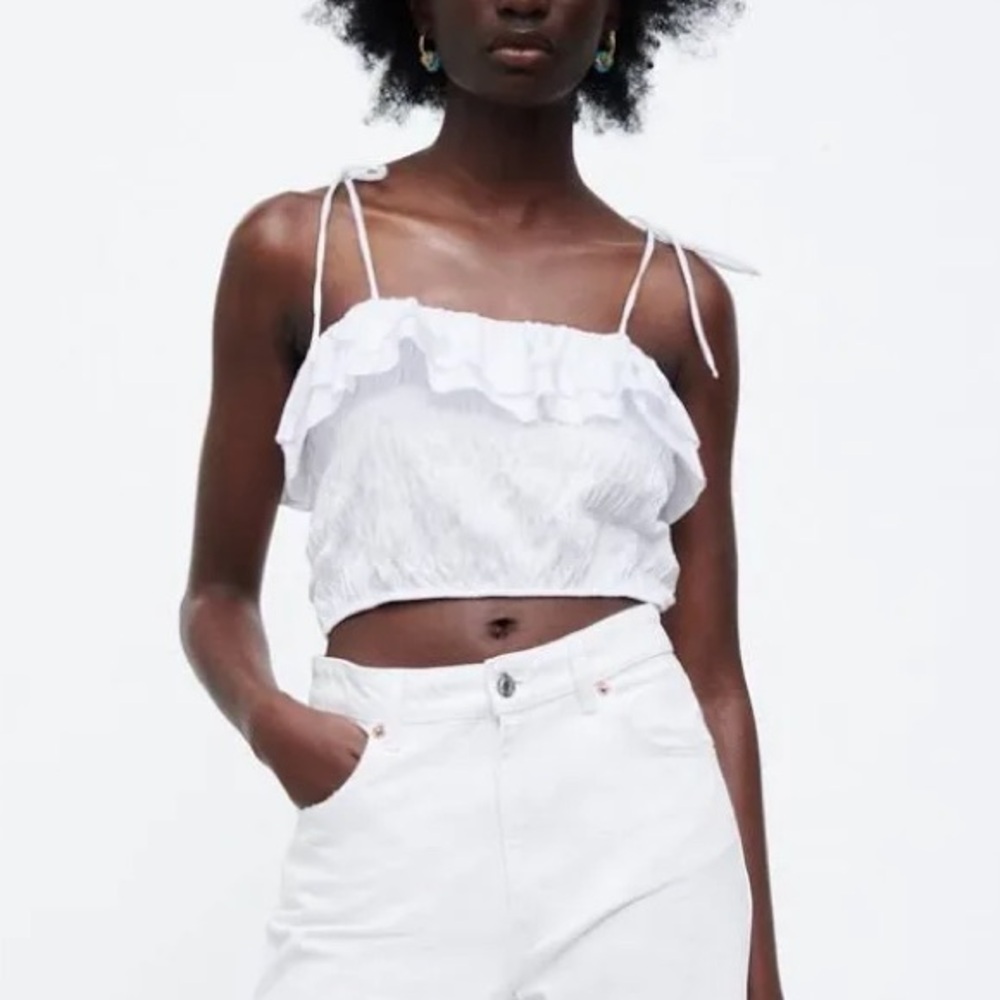 ZARA White Ruffled Women's Crop Tank Top Cottagecore